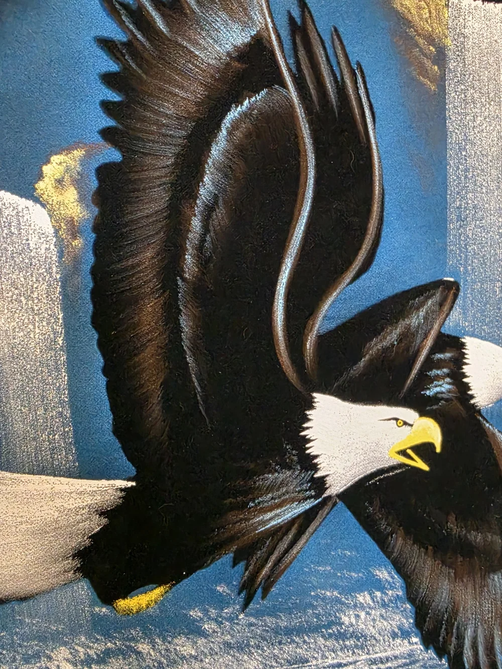 Vintage Black Velvet Oil Painting Wood Framed 23”x 19” Bald Eagle Moon Waterfall